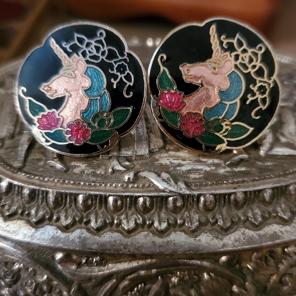 Vintage Cloisonne Enamel UNICORN Earrings